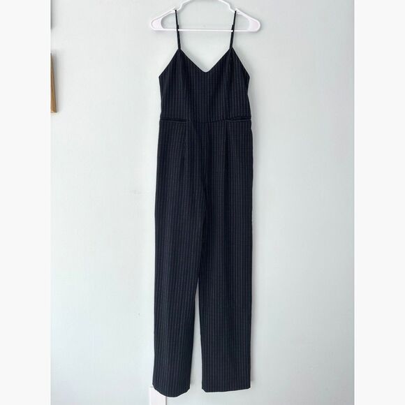 Anthropologie The Essential Jumpsuit Navy Pinstripe Flare One Piece size 0 - Picture 2 of 9